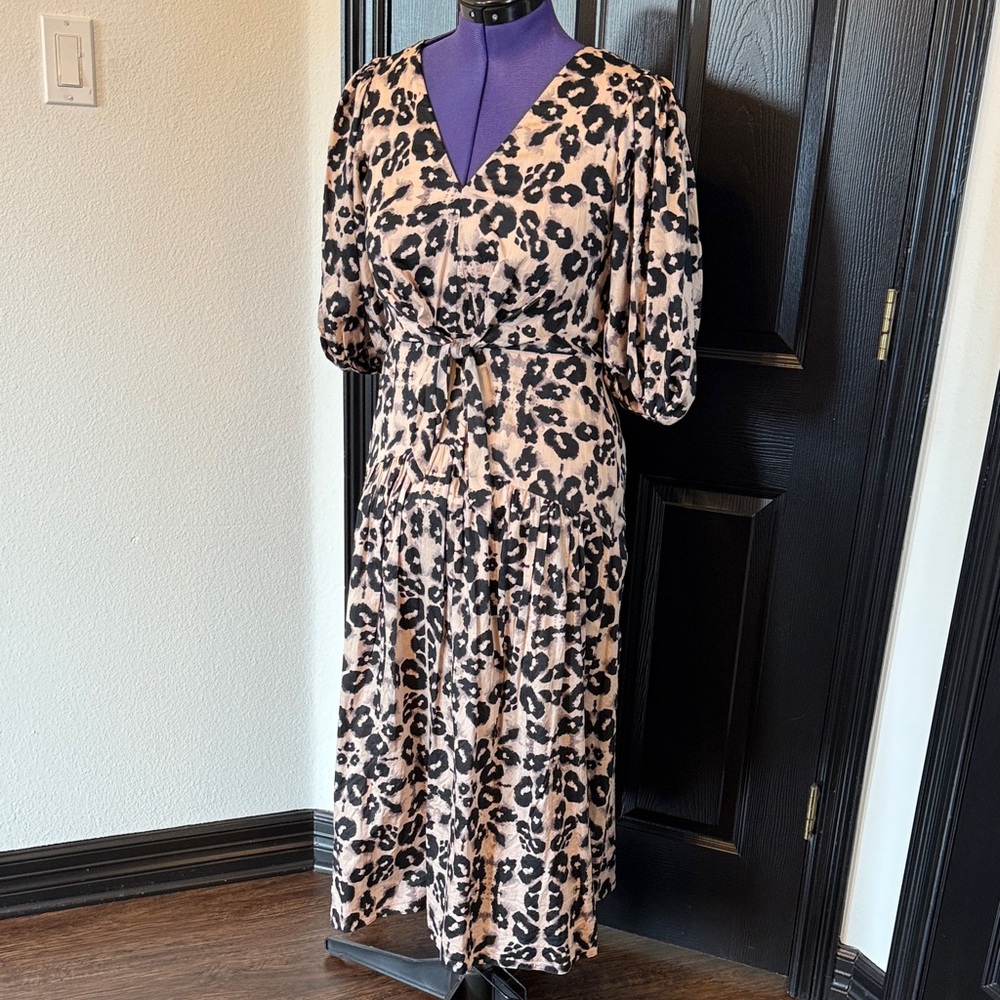 Rebecca Taylor puff sleeve Leopard Print Midi Dress Sz 8 - Picture 5 of 6